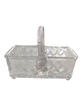 Clear Glass Salt Cellar Basket With Textured Diamond Pattern & Handle 4.5"x2.5"x